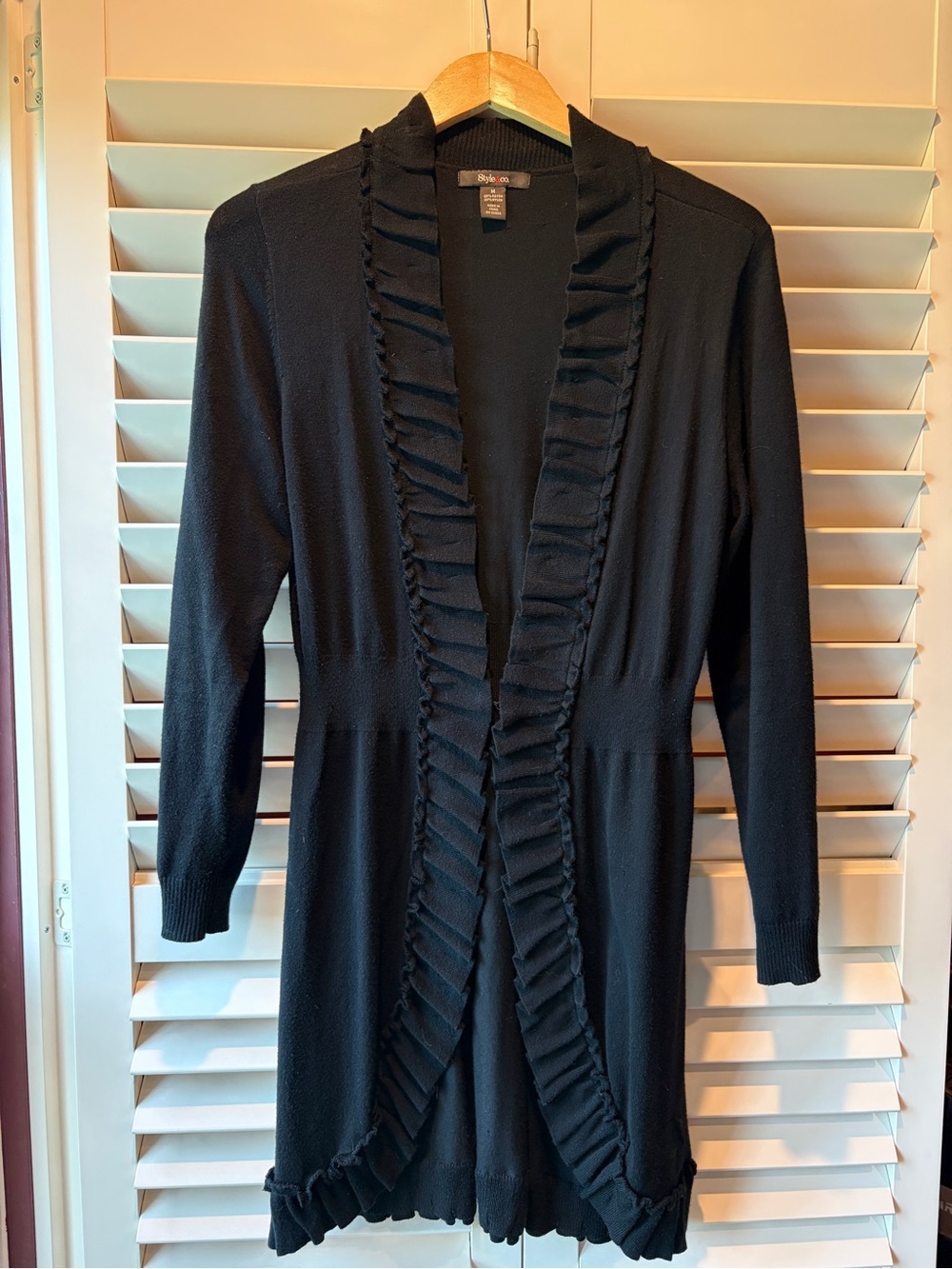 Style & Co. Black Ruffled Open-Front Long Sleeve Dress Cardigan